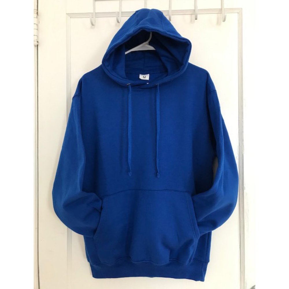 Men Women Plain Fleece Drawstring Pullover Thick Sweater Sweatshirt Hoodie Blue